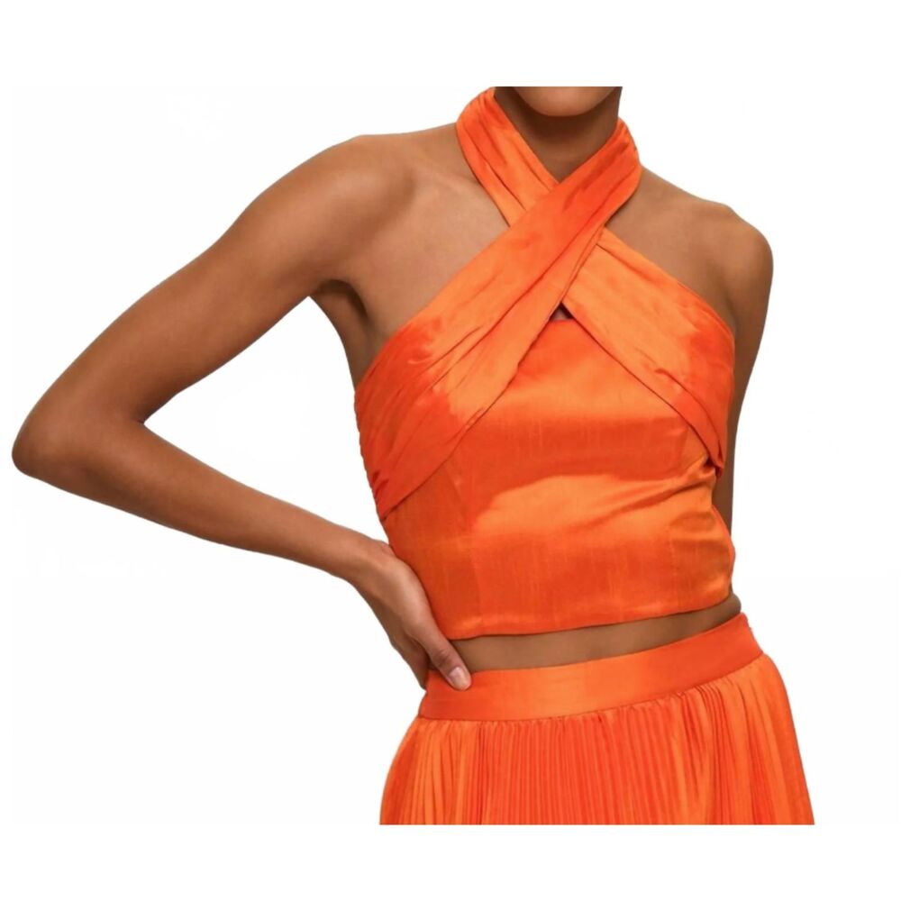 NWD HUTCH Suri Halter Top Orange Crossover Neck Sleeveless Blouse size L Retro